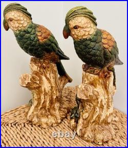 Pair Of Majolica Style Ceramic Parrots Birds Vintage