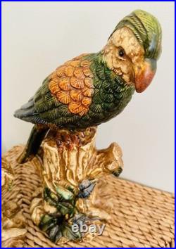 Pair Of Majolica Style Ceramic Parrots Birds Vintage