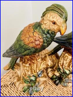 Pair Of Majolica Style Ceramic Parrots Birds Vintage