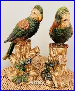 Pair Of Majolica Style Ceramic Parrots Birds Vintage