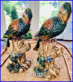 Pair Of Majolica Style Ceramic Parrots Birds Vintage