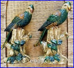 Pair Of Majolica Style Ceramic Parrots Birds Vintage