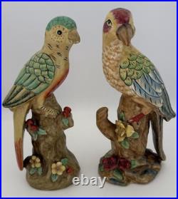 Pair Of Majolica Style Ceramic Parrots Colorful