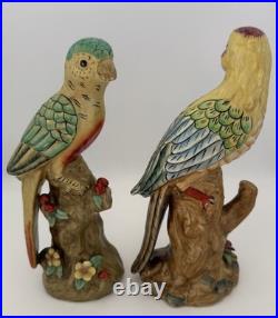 Pair Of Majolica Style Ceramic Parrots Colorful