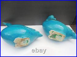 Pair Of Vintage XL Chinese Export Turquoise Porcelain Figural Ducks each 5lbs ++