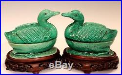 Pair Old Antique Chinese Porcelain Bird Figure Covered Boxes Ducks Geese Marked