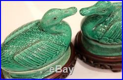 Pair Old Antique Chinese Porcelain Bird Figure Covered Boxes Ducks Geese Marked