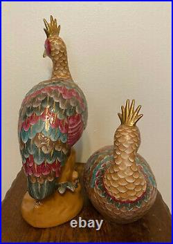 Pair Vintage Chinese Export Porcelain Famille Rose Peacock Bird Statues -17.5