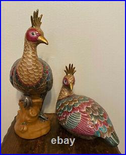 Pair Vintage Chinese Export Porcelain Famille Rose Peacock Bird Statues -17.5