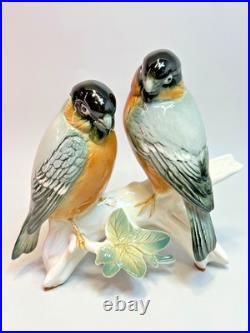 Pair Vintage German Karl Ens Porcelain Figurine Group Bullfinch Bird Perched