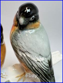 Pair Vintage German Karl Ens Porcelain Figurine Group Bullfinch Bird Perched