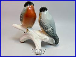 Pair Vintage German Karl Ens Porcelain Figurine Group Bullfinch Bird Perched