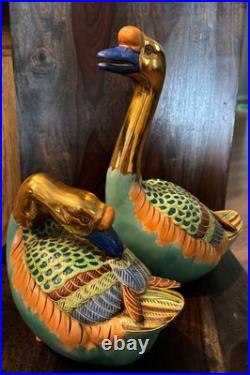 Pair Vintage Japanese Porcelain Clay Kutani Geese Mandarin Ducks Andrea by Sadek