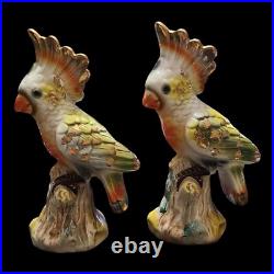 Pair Vtg Majolica Cockatoo Bird Figurines 9 Japan Colorful Gold Trim MCM