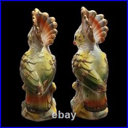 Pair Vtg Majolica Cockatoo Bird Figurines 9 Japan Colorful Gold Trim MCM