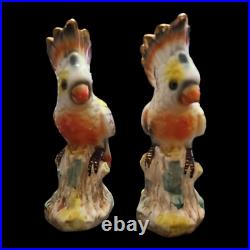 Pair Vtg Majolica Cockatoo Bird Figurines 9 Japan Colorful Gold Trim MCM