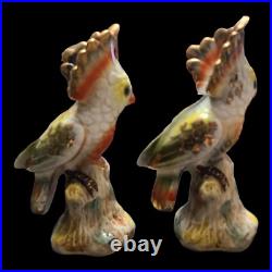 Pair Vtg Majolica Cockatoo Bird Figurines 9 Japan Colorful Gold Trim MCM
