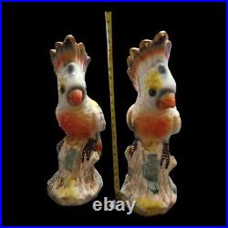 Pair Vtg Majolica Cockatoo Bird Figurines 9 Japan Colorful Gold Trim MCM