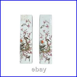 Pair White Porcelain Flower Birds Scenery Rectangular Display Paperweight GB347