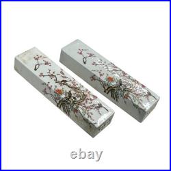 Pair White Porcelain Flower Birds Scenery Rectangular Display Paperweight GB347