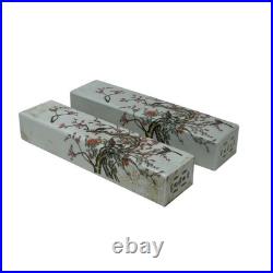 Pair White Porcelain Flower Birds Scenery Rectangular Display Paperweight GB347