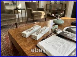 Pair White Porcelain Flower Birds Scenery Rectangular Display Paperweight GB347