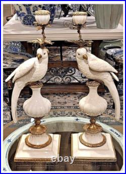 Pair White Porcelain Parrot Candle Holders. Bronze Accents. Hand Painted-19H Pair White Porcelain Parrot Candle Holders. Bronze Accents. Hand Painted-19H