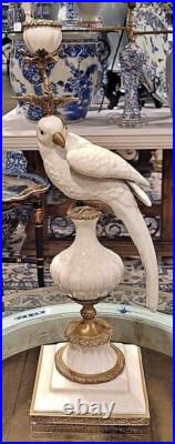 Pair White Porcelain Parrot Candle Holders. Bronze Accents. Hand Painted-19H
