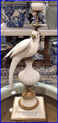 Pair White Porcelain Parrot Candle Holders. Bronze Accents. Hand Painted-19H