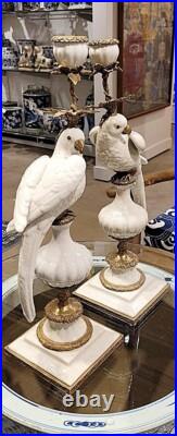 Pair White Porcelain Parrot Candle Holders. Bronze Accents. Hand Painted-19H