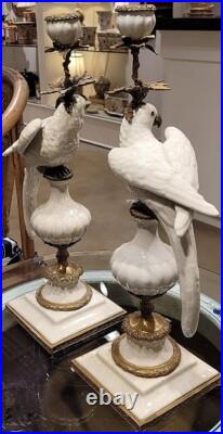 Pair White Porcelain Parrot Candle Holders. Bronze Accents. Hand Painted-19H