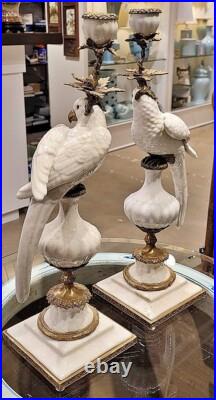 Pair White Porcelain Parrot Candle Holders. Bronze Accents. Hand Painted-19H