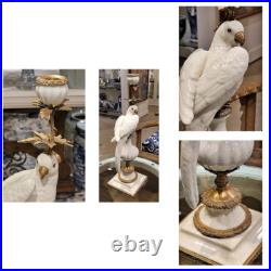 Pair White Porcelain Parrot Candle Holders. Bronze Accents. Hand Painted-19H