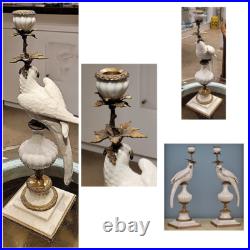 Pair White Porcelain Parrot Candle Holders. Bronze Accents. Hand Painted-19H