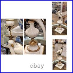Pair White Porcelain Parrot Candle Holders. Bronze Accents. Hand Painted-19H