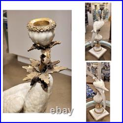 Pair White Porcelain Parrot Candle Holders. Bronze Accents. Hand Painted-19H