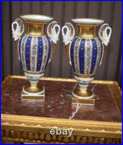 Pair antique french porcelain bases swan birds handles floral decor 19thc