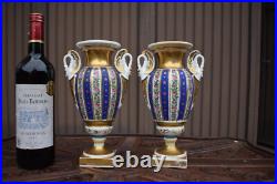 Pair antique french porcelain bases swan birds handles floral decor 19thc