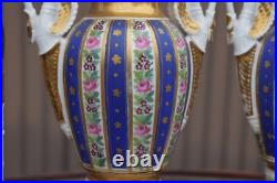 Pair antique french porcelain bases swan birds handles floral decor 19thc