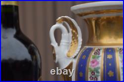 Pair antique french porcelain bases swan birds handles floral decor 19thc