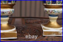Pair antique french porcelain bases swan birds handles floral decor 19thc