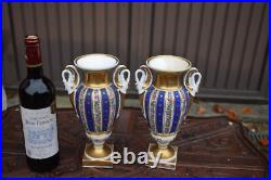Pair antique french porcelain bases swan birds handles floral decor 19thc