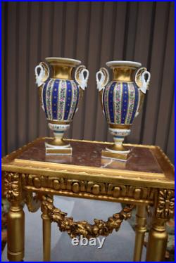 Pair antique french porcelain bases swan birds handles floral decor 19thc