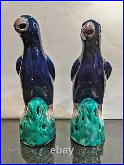 Pair of 19th Century Chinese Porcelain Parrots with Cobalt Blue Glaze