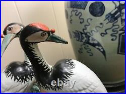 Pair of Antique Chinese Export Porcelain Crane Bird Statues Figures 10.25hx5w
