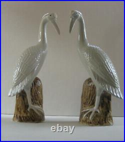 Pair of Antique Chinese Export Porcelain Statue Figures of Cranes 16.5 Tall