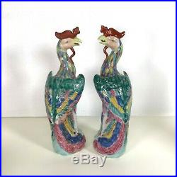 Pair of Antique Chinese Porcelain Phoenix Bird Statue Figurine