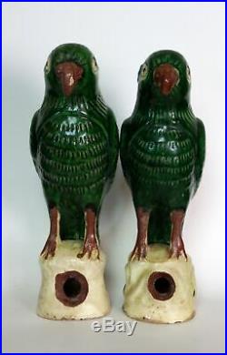 Pair of Antique Chinese Sancai Pottery Porcelain Parrots Figures Roof Tiles