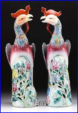 Pair of Chinese Famille Rose Polychrome Enameled Porcelain Figures Phoenix Birds