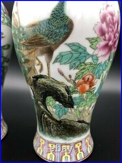 Pair of Chinese Jingdezhen Porcelain Handpainted Vases Birds Floral, 10 Tall